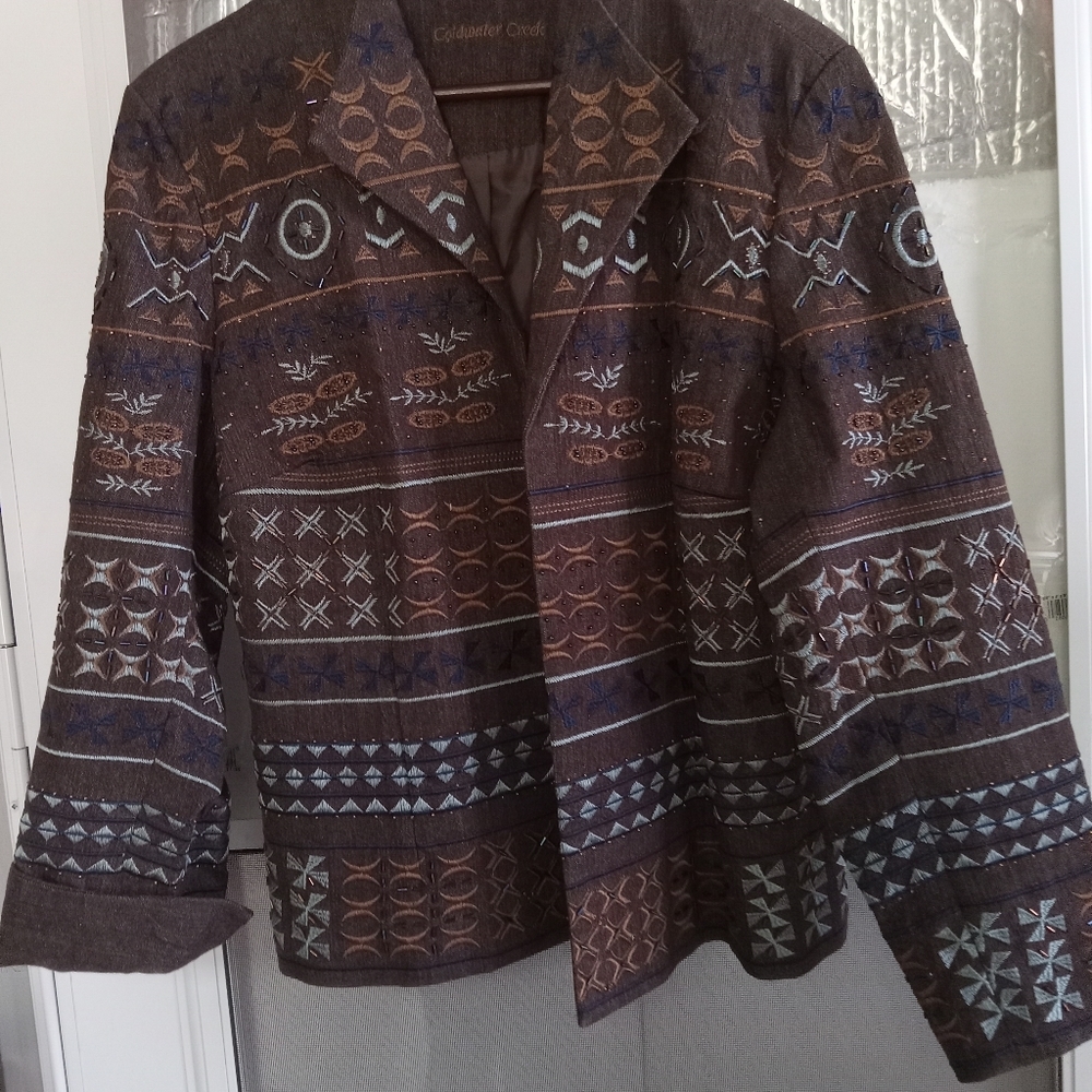 COLDWATER CREEK Blazer Brown Denim Blue Embroidery, Gems, Beaded Size 16/42 - Picture 12 of 14